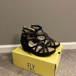 COPY - Fly London Black Wedge Sandals with Strappy Design